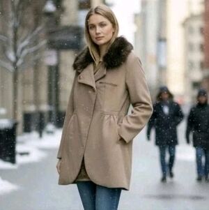 BEBE Womens Taylor Taupe Faux Fur Removable Collar Coat Sz L Neutral NWT